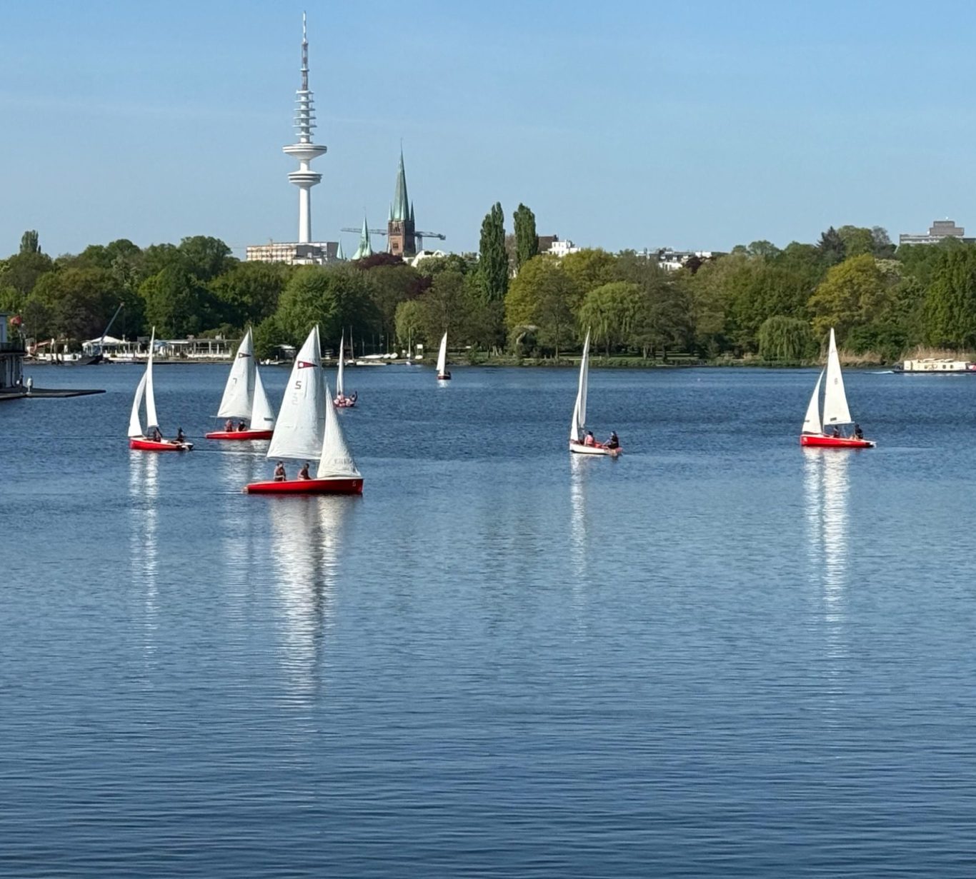 Blick auf die Alster und eine Segelschule. 7 kleine Segelboote mit weißen Segeln. Im Hintergrund ist der Fernsehturm zu sehen